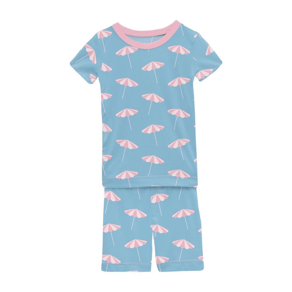 NEW KICKEE girls' short sleeve pajama set with shorts in seaside blue beach umbr